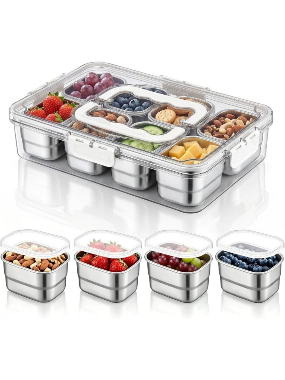 Stainless Steel Snack Box Container, Divided Serving Tray with Lid for Snacks